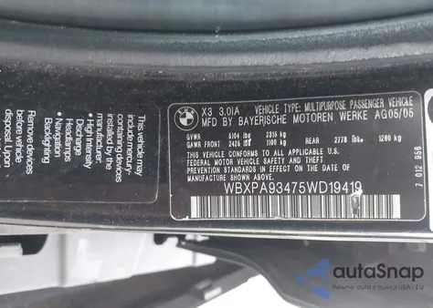 2005 BMW X3 3.0I z USA, uszkodzony, nr VIN WBXPA93475WD19419